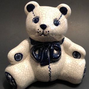Dedham Shed Blue White Crackle Teddy Bear Figurine